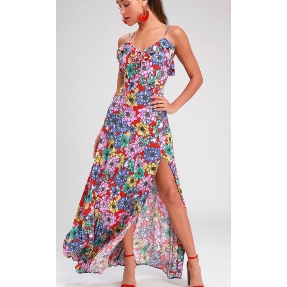 Lulu's Dynah Red Floral Print Sleeveless Maxi Dress Medium
